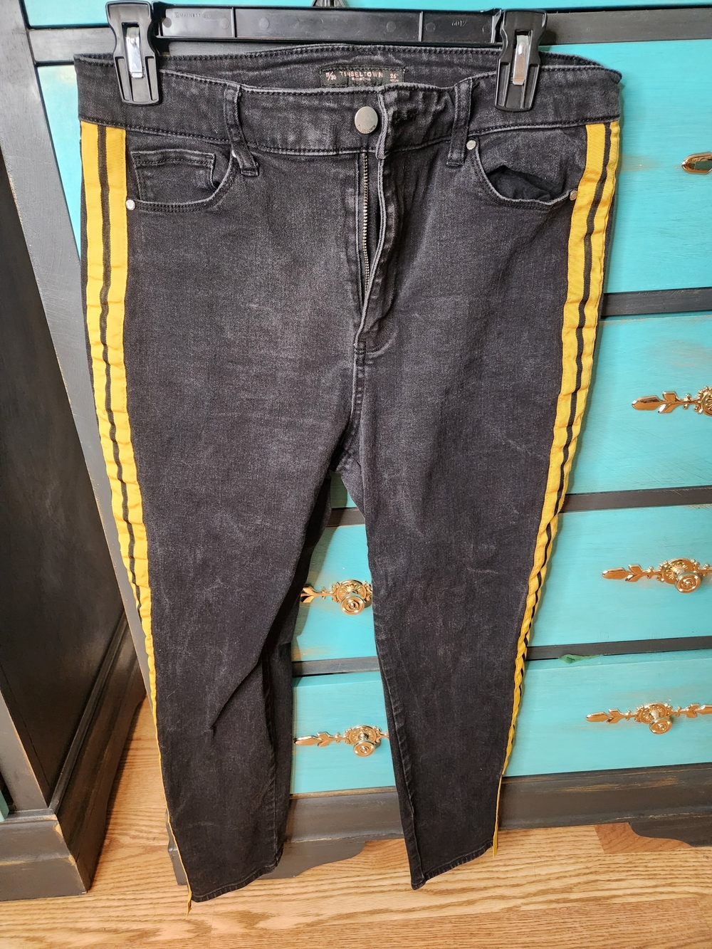 Tinseltown Black Skinny Jeans with Yellow Side Stripes